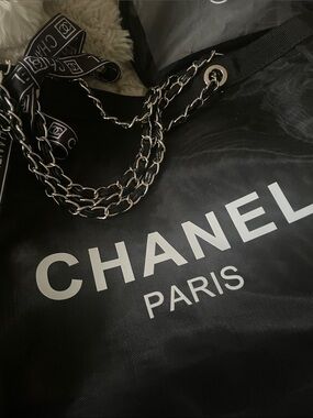 CHANEL Black Canvas & Chain-Handle Tote with Makeup Bag